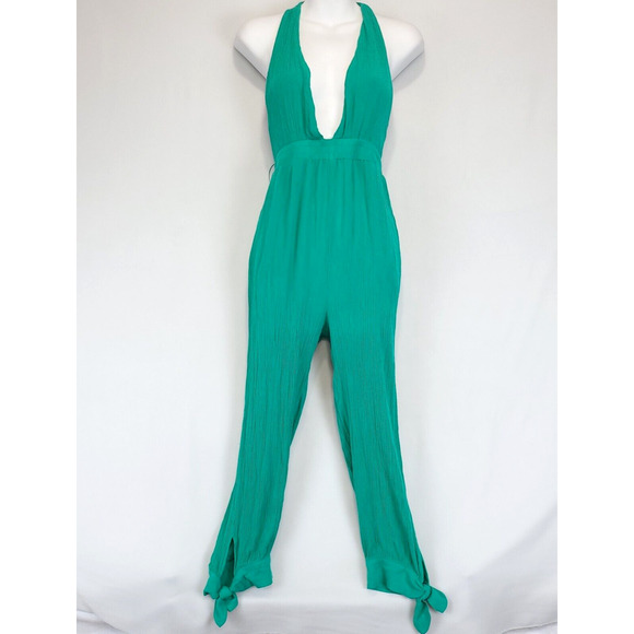 Lilyful Halter Jumpsuit Bow Knot Ankle Pants Deep V Neck Women S Gauzy Green - Picture 1 of 14